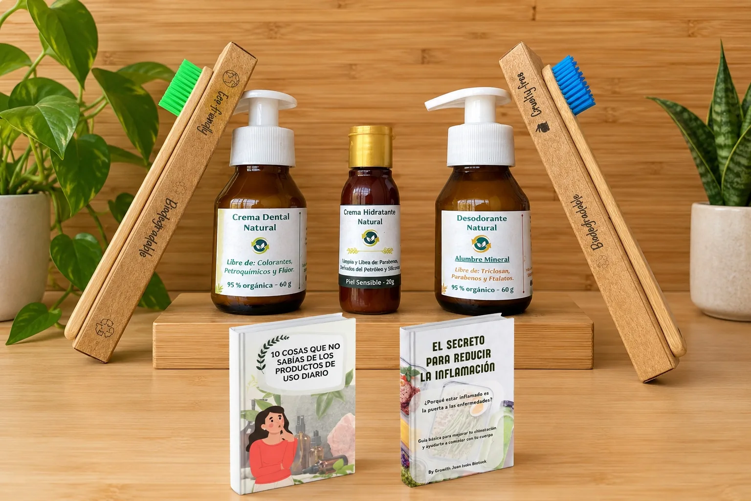 Kit Natural Care Bioteck con productos de cuidado diario, libros digitales y cepillos de bambú