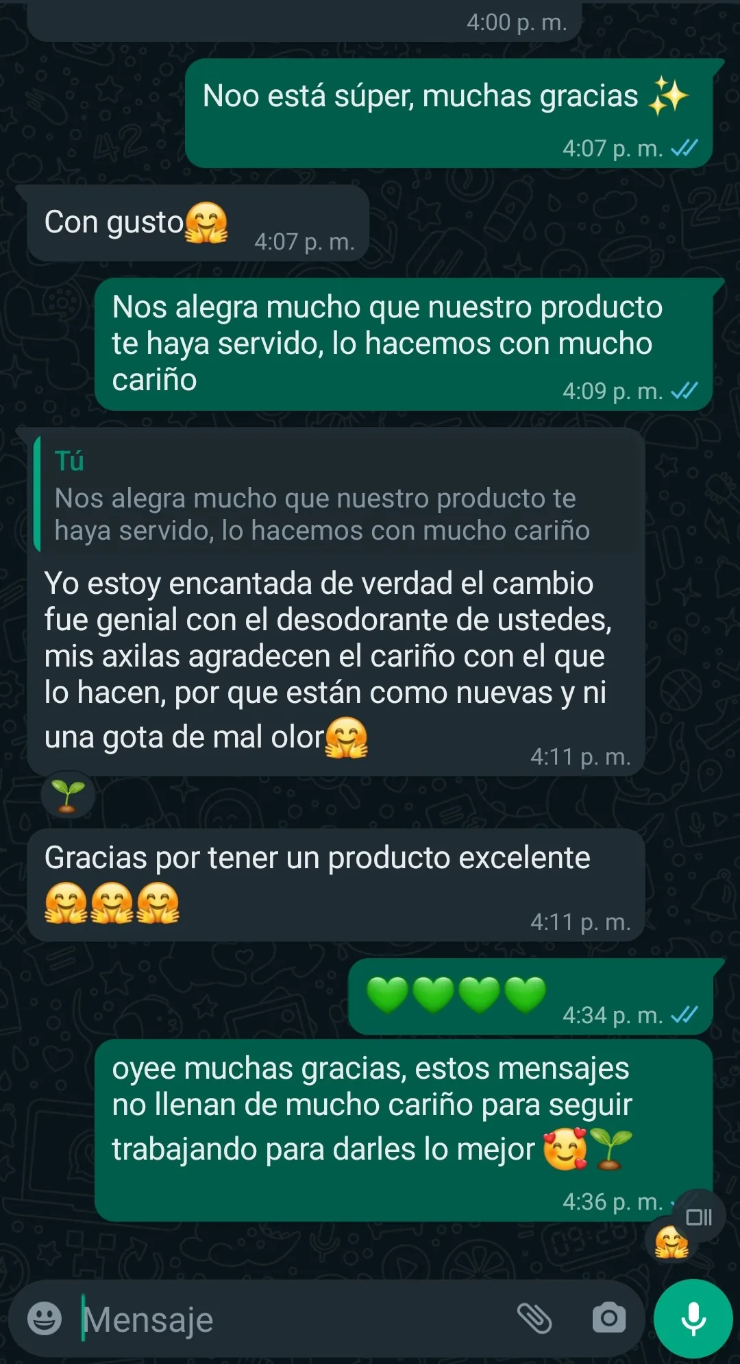 Conversación completa de WhatsApp, sin nombre visible, donde una clienta comparte su experiencia con el desodorante Bioteck
