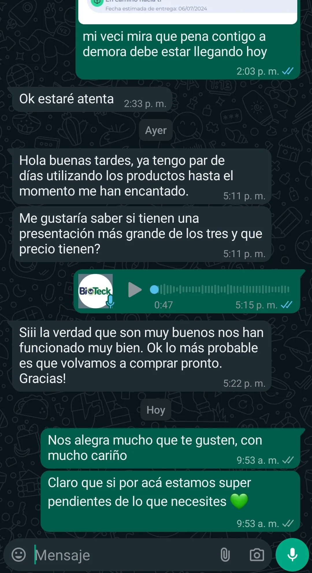 Conversación completa de WhatsApp, sin nombre visible, donde una clienta cuenta su experiencia con los productos Bioteck